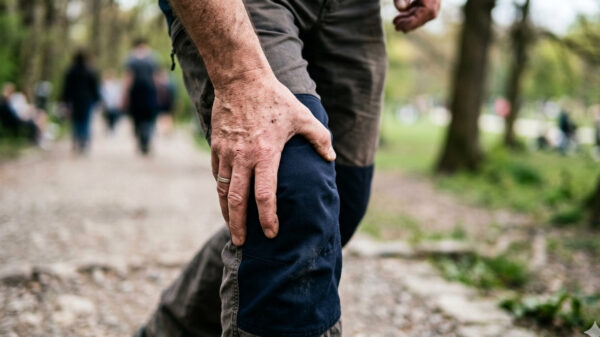 Homem com a mão no joelho sentindo dor durante caminhada em parque, ilustrando sobrecarga articular por peso corporal.