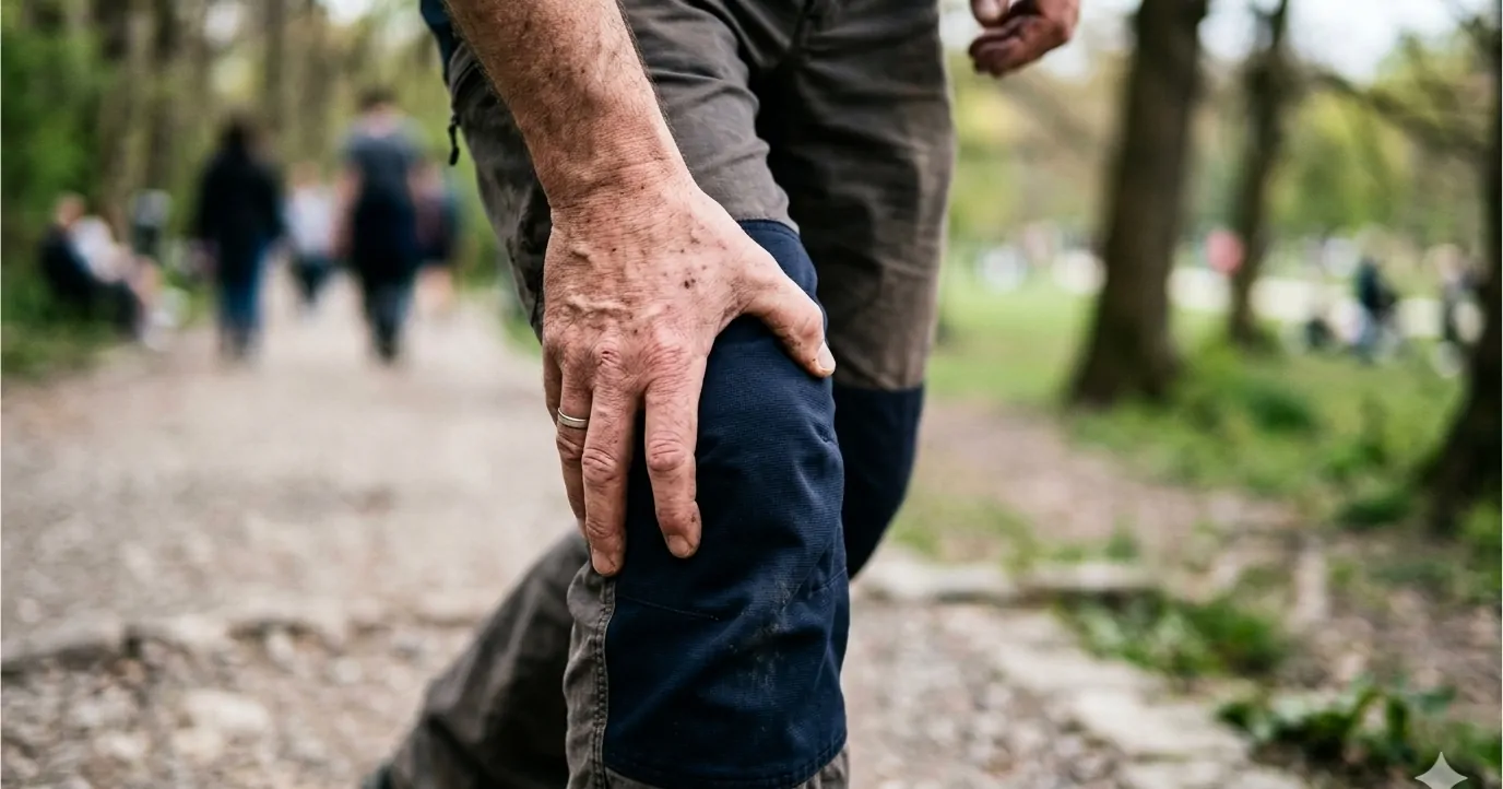 Homem com a mão no joelho sentindo dor durante caminhada em parque, ilustrando sobrecarga articular por peso corporal.